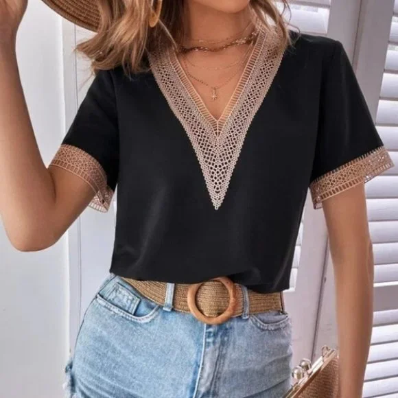 Bohemian V-neck Lace Solid Minimalist Blouse BlacK - Picture 2 of 6